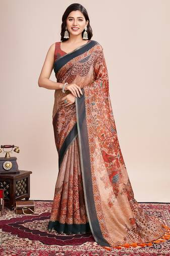 Multicolor printed floral print geometric print cotton linen bollywood saree with blouse