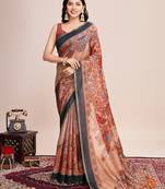 Multicolor printed floral print geometric print cotton linen bollywood saree with blouse