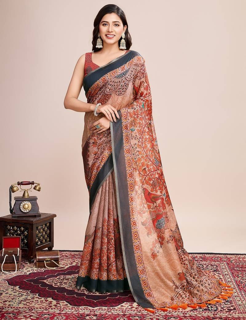 Multicolor printed floral print geometric print cotton linen bollywood saree with blouse