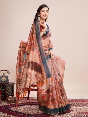 Multicolor printed floral print geometric print cotton linen bollywood saree with blouse 2
