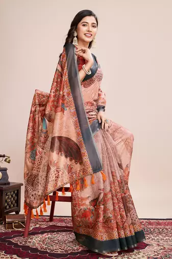 Multicolor printed floral print geometric print cotton linen bollywood saree with blouse