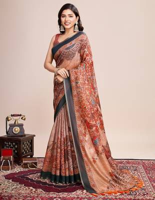 Multicolor printed floral print geometric print cotton linen bollywood saree with blouse 3
