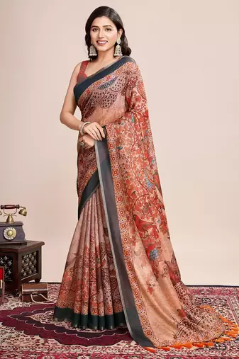 Multicolor printed floral print geometric print cotton linen bollywood saree with blouse