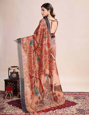 Multicolor printed floral print geometric print cotton linen bollywood saree with blouse 4