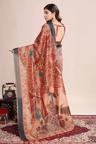 Multicolor printed floral print geometric print cotton linen bollywood saree with blouse