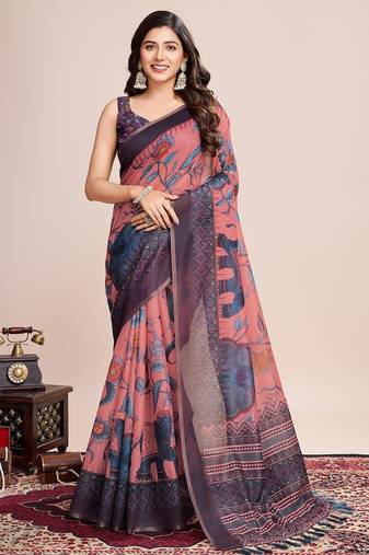 Multicolor printed floral print geometric print cotton linen bollywood saree with blouse