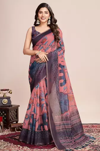 Multicolor printed floral print geometric print cotton linen bollywood saree with blouse