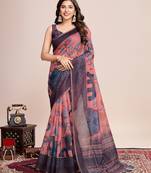 Multicolor printed floral print geometric print cotton linen bollywood saree with blouse