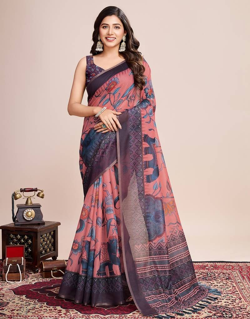 Multicolor printed floral print geometric print cotton linen bollywood saree with blouse
