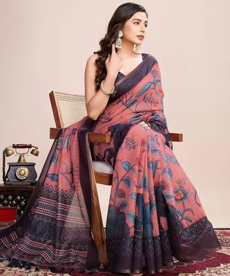 Multicolor printed floral print geometric print cotton linen bollywood saree with blouse 2