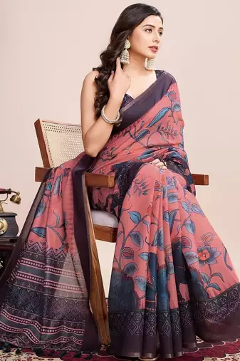 Multicolor printed floral print geometric print cotton linen bollywood saree with blouse