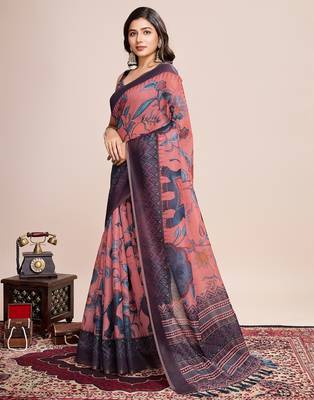 Multicolor printed floral print geometric print cotton linen bollywood saree with blouse 3