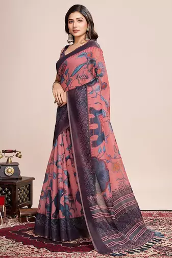 Multicolor printed floral print geometric print cotton linen bollywood saree with blouse