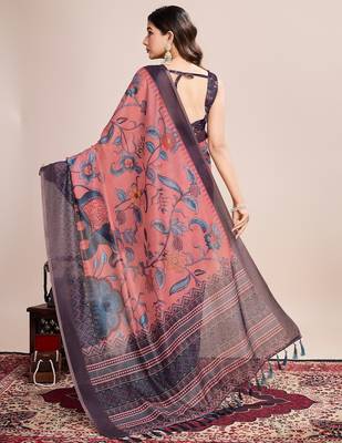 Multicolor printed floral print geometric print cotton linen bollywood saree with blouse 4