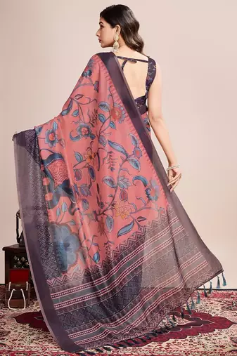 Multicolor printed floral print geometric print cotton linen bollywood saree with blouse