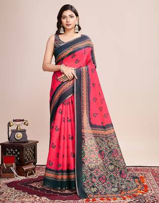 Multicolor printed floral print geometric print cotton linen bollywood saree with blouse 1