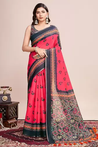 Multicolor printed floral print geometric print cotton linen bollywood saree with blouse