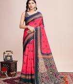 Multicolor printed floral print geometric print cotton linen bollywood saree with blouse