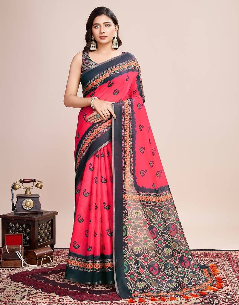 Multicolor printed floral print geometric print cotton linen bollywood saree with blouse
