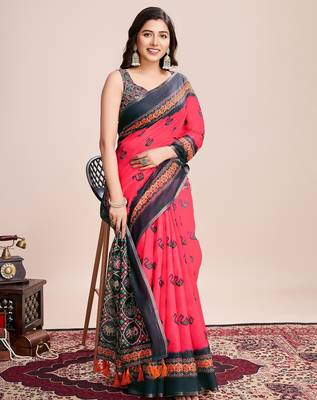 Multicolor printed floral print geometric print cotton linen bollywood saree with blouse 2