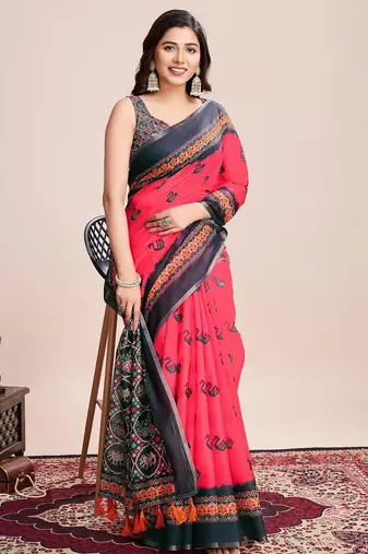 Multicolor printed floral print geometric print cotton linen bollywood saree with blouse
