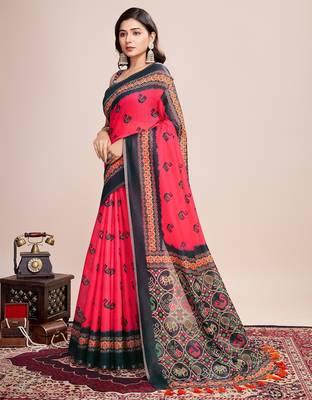 Multicolor printed floral print geometric print cotton linen bollywood saree with blouse 3