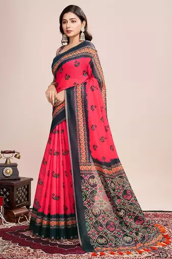 Multicolor printed floral print geometric print cotton linen bollywood saree with blouse