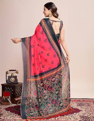 Multicolor printed floral print geometric print cotton linen bollywood saree with blouse 4
