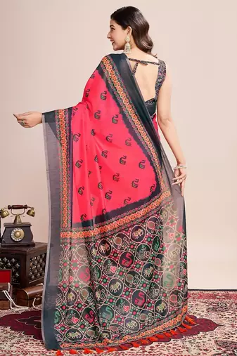 Multicolor printed floral print geometric print cotton linen bollywood saree with blouse