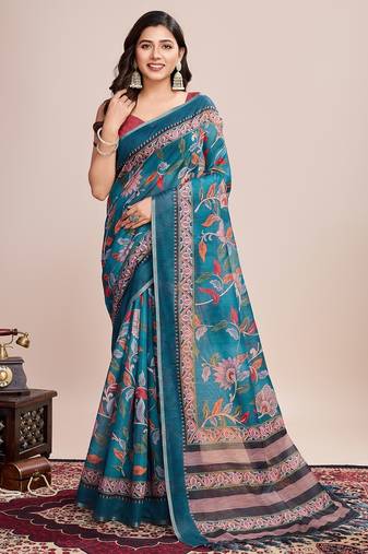 Multicolor printed floral print geometric print cotton linen bollywood saree with blouse