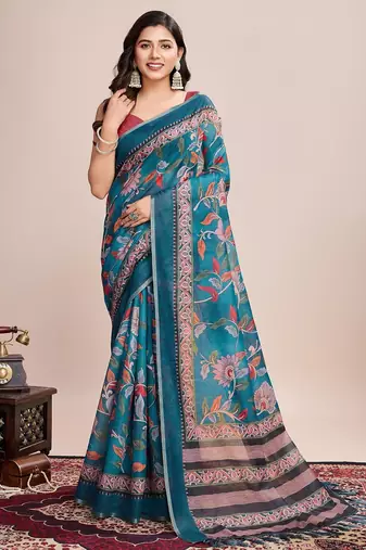 Multicolor printed floral print geometric print cotton linen bollywood saree with blouse