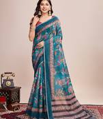 Multicolor printed floral print geometric print cotton linen bollywood saree with blouse
