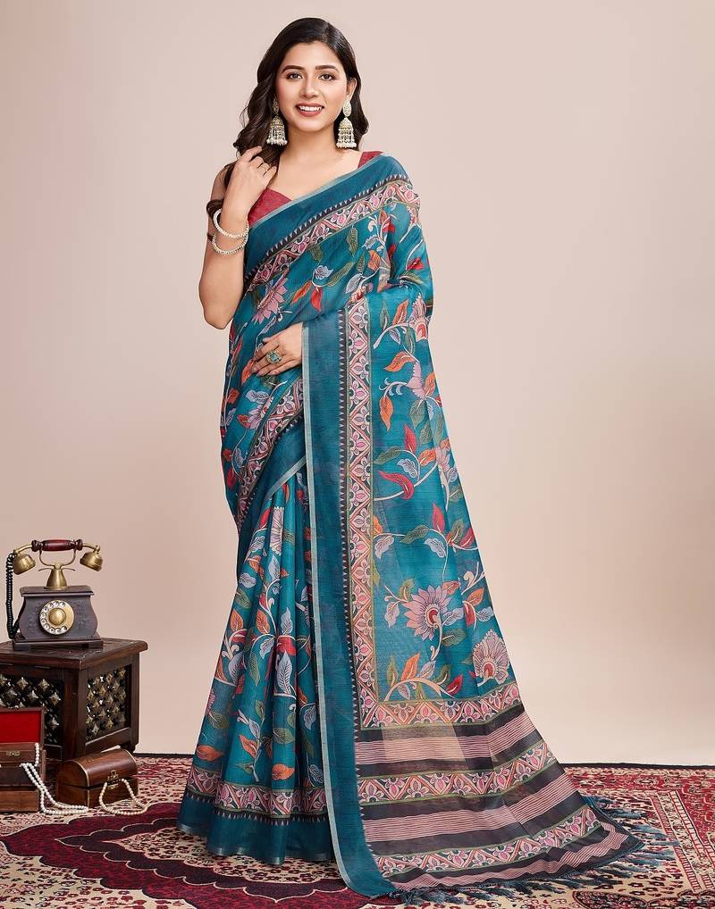 Multicolor printed floral print geometric print cotton linen bollywood saree with blouse