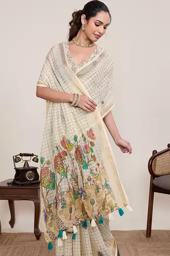 Beige printed linan bollywood saree with blouse