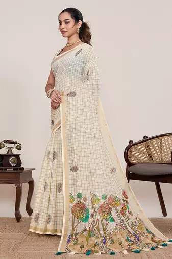Beige printed linan bollywood saree with blouse