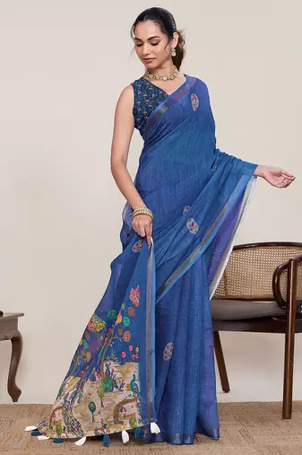 Blue printed linan bollywood saree with blouse