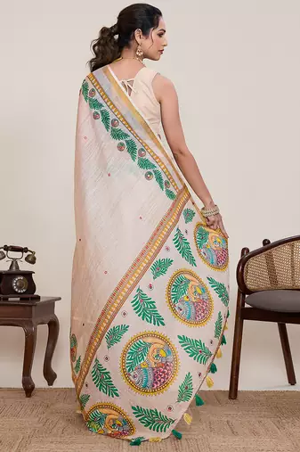 Cream printed linan bollywood saree with blouse