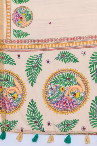 Cream printed linan bollywood saree with blouse