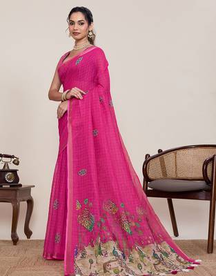 Dark pink printed linan bollywood saree with blouse 3