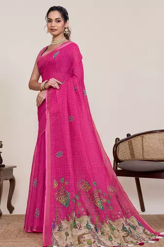 Dark pink printed linan bollywood saree with blouse