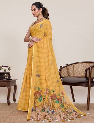 Mustard printed linan bollywood saree with blouse 3