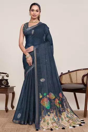 Navy blue printed linan bollywood saree with blouse