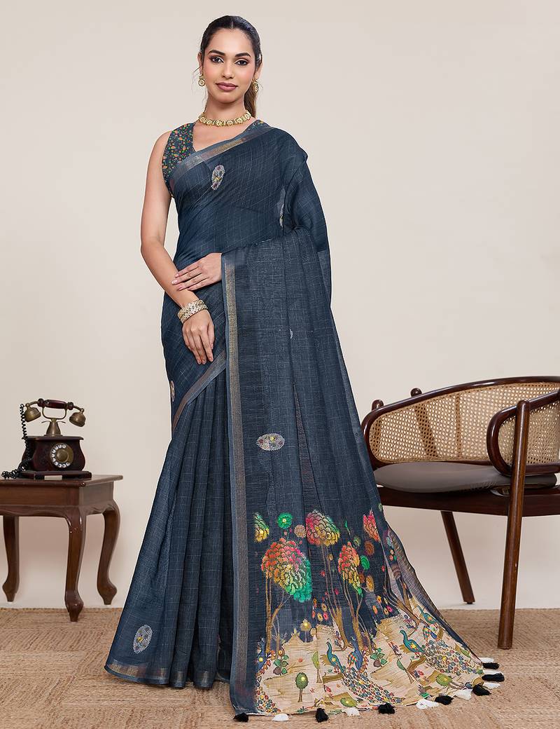 Navy blue printed linan bollywood saree with blouse