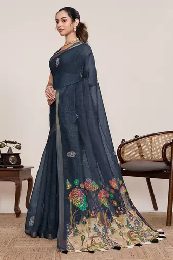 Navy blue printed linan bollywood saree with blouse