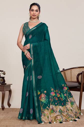 Teal green printed linan bollywood saree with blouse