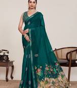 Teal green printed linan bollywood saree with blouse