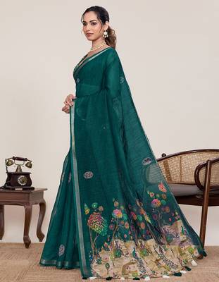 Teal green printed linan bollywood saree with blouse 3
