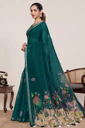 Teal green printed linan bollywood saree with blouse