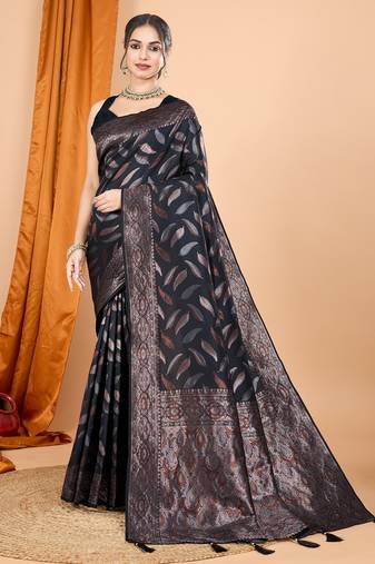 Black woven self design embellished pure silk banarasi saree with blouse