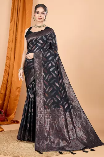 Black woven self design embellished pure silk banarasi saree with blouse